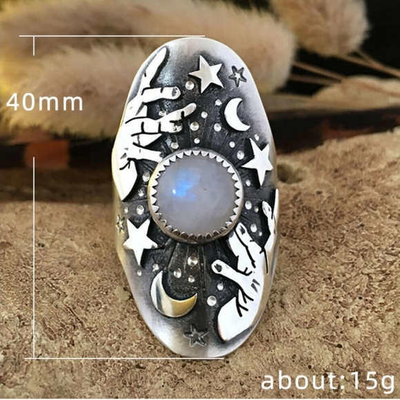 Gypsy Moonstone Ring Crystal Ball Ring Antique Silver Color Multiple Sizes - Picture 4 of 5